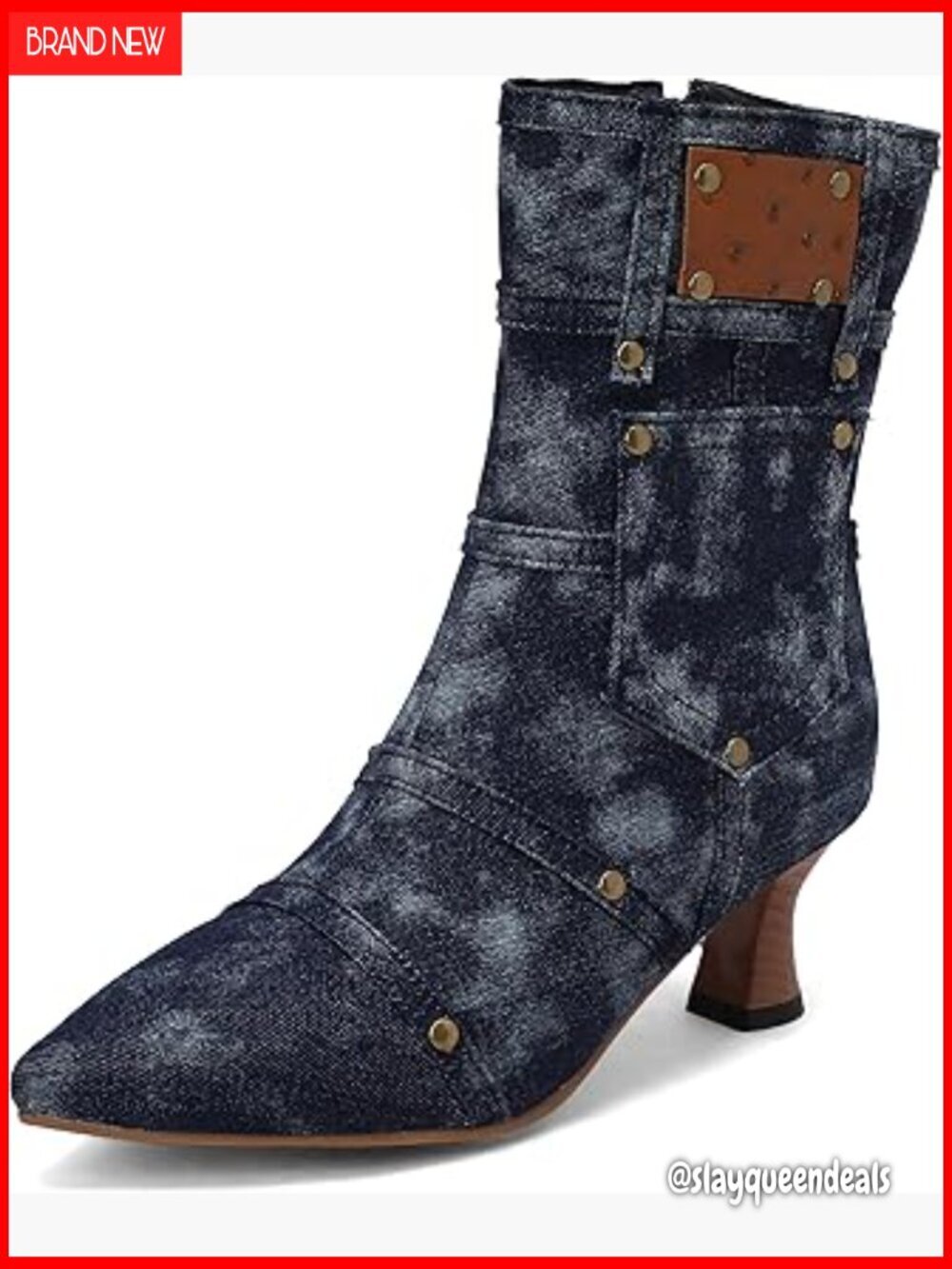 Women's Denim Kitten Heel Ankle Boots Pointed Toe Vintage Zip Shoes